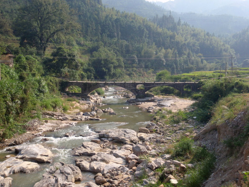 Mountain river and bridge view.